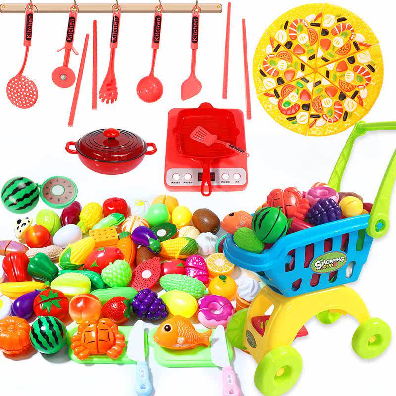 Children Emulation Cut Fruit Toys Girls Boy Fruit Cheesele Vegetables Pizza Dress Home Wine Kitchen Trolleys