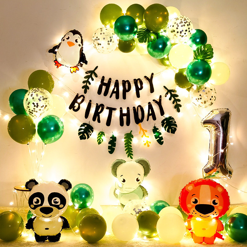 Boy baby 1st birthday layout decoration scene net red animal balloon hundred days banquet poster background wall