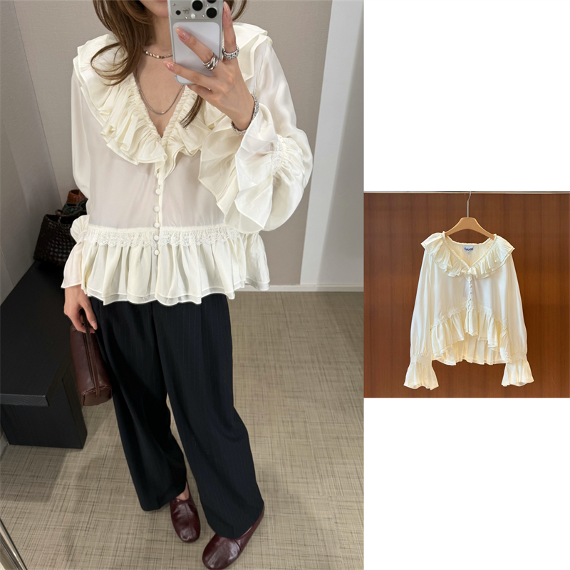 Ganni 26 Autumn and Winter White French Shirt with Ruffled Lace Decoration