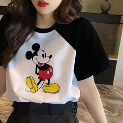 Cotton short -sleeved T -shirt female 2024 new Korean version of the loose black and white contrasting color Mickey foreign ingredients ins tide