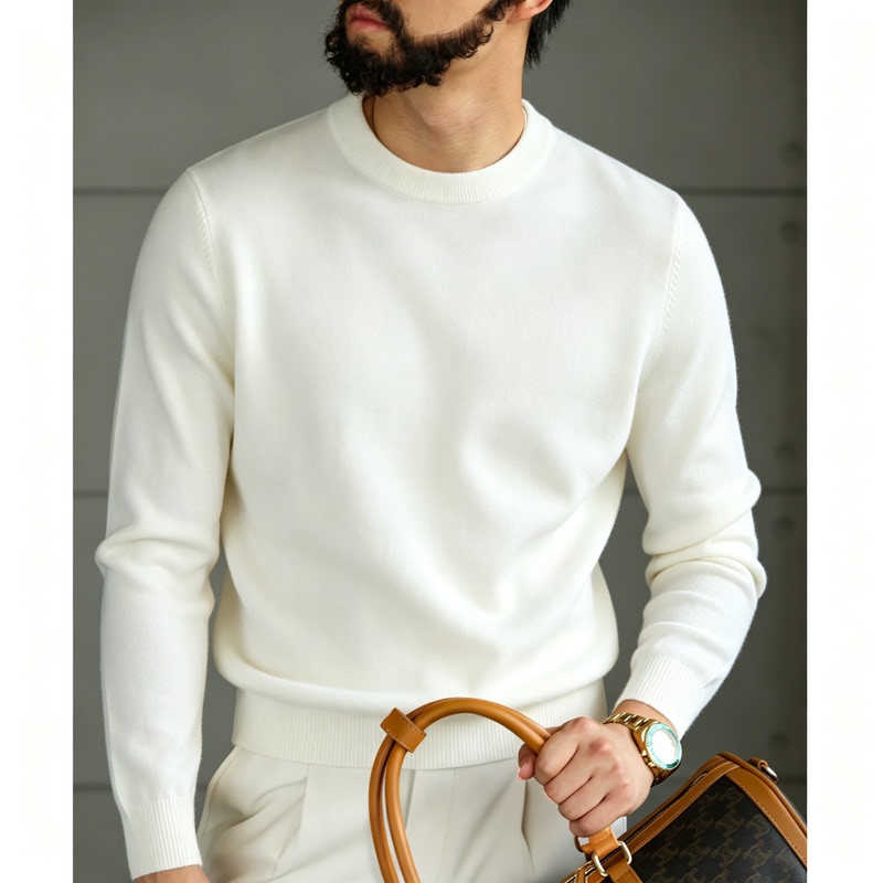 Round Neck Warm White Sweater for Men, New Autumn and Winter Style, Simple Solid Color Casual Knit Base Shirt, Old Money Style Men's Clothing Round Neck Warm White Sweater for Men, New Autumn and Winter Style, Simple Solid Color Casual Knit Base Shirt, Old Money Style Men's Clothing