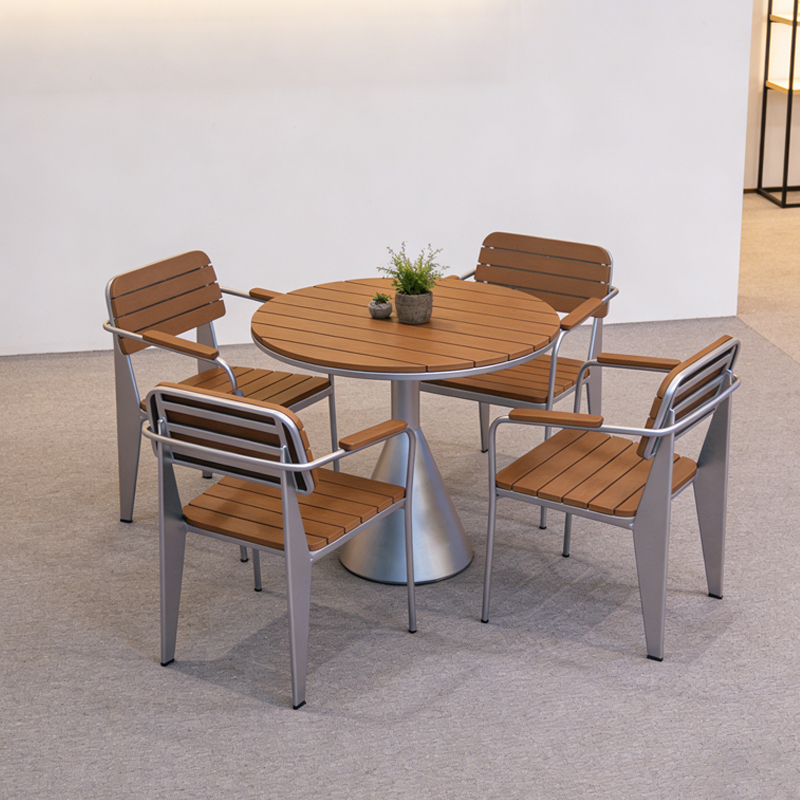 Light Luxury Style Outdoor Table and Chair Set, Plastic Wood Round Dining Table and Chair Combination for Courtyard, Coffee Shop, Leisure Balcony, Milk Tea Shop