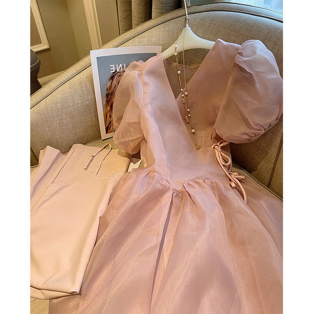 High-end pink organza dress female summer temperament foreign style age-reducing French skirt fairy super fairy forest system