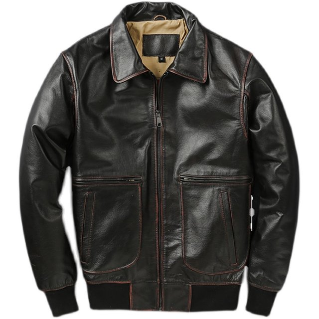 Jacket ຫນັງ Pilot ສີແດງ core distressed cowhide jacket ຫນັງແທ້ຂອງຜູ້ຊາຍ retro casual jacket ສັ້ນທາງເທິງລົດຈັກ