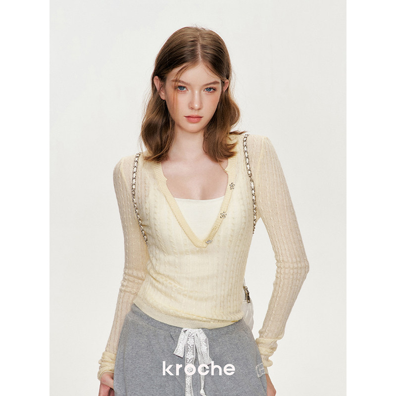 KROCHE フラワー 配色 ケーブル編み 重ね着風 ニット KB4445