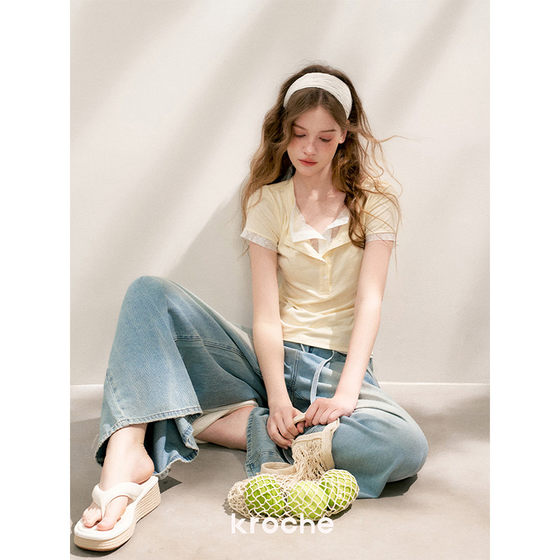 KROCHE レース 重ね着風 半袖 Tシャツ KEC8007