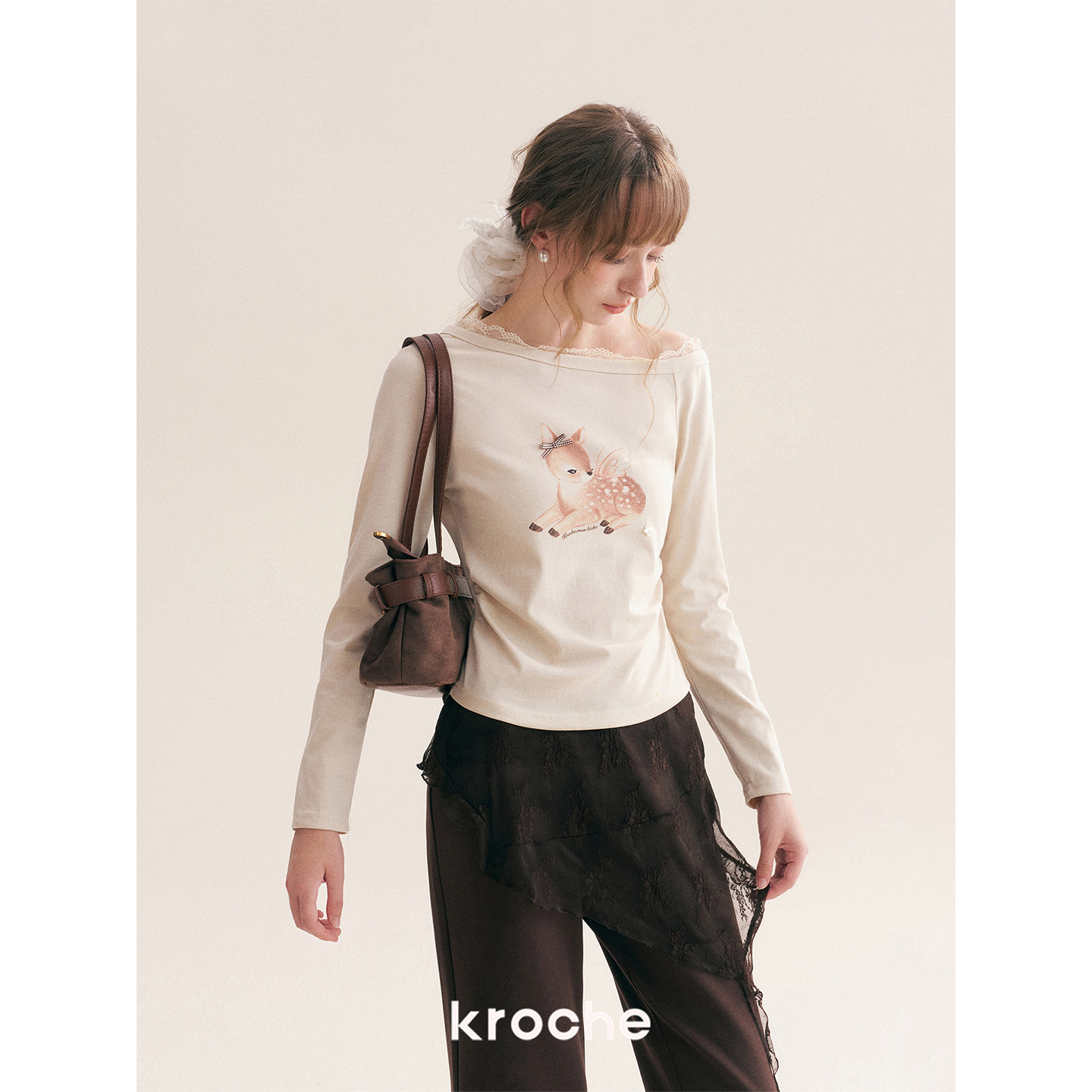 KROCHE レース アシンメトリー プリント 長袖 Tシャツ KE3096