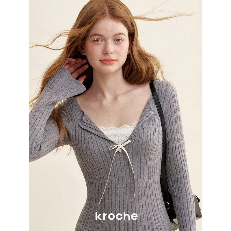 KROCHE レース 重ね着風 ニットワンピース KB4595