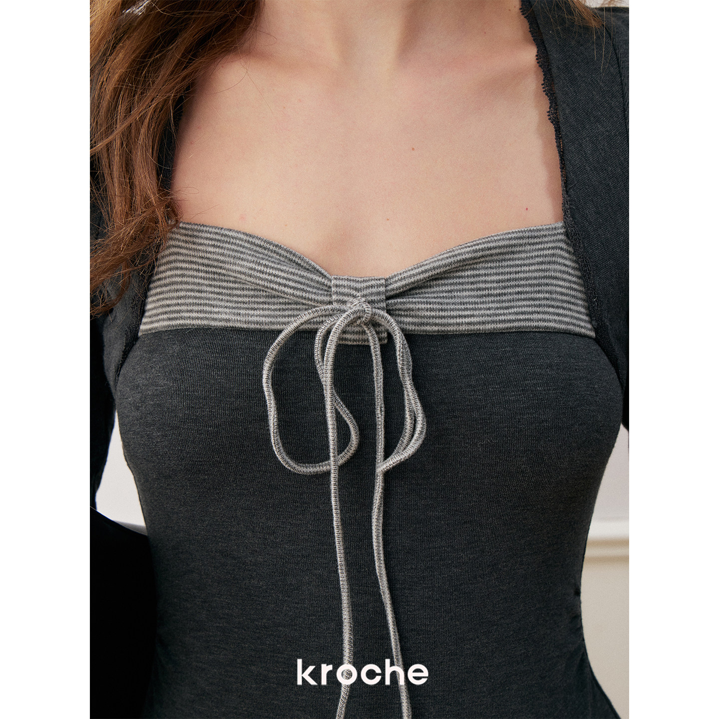 KROCHE スクエアネック ストライプ 配色 重ね着風 ワンピース KR3138
