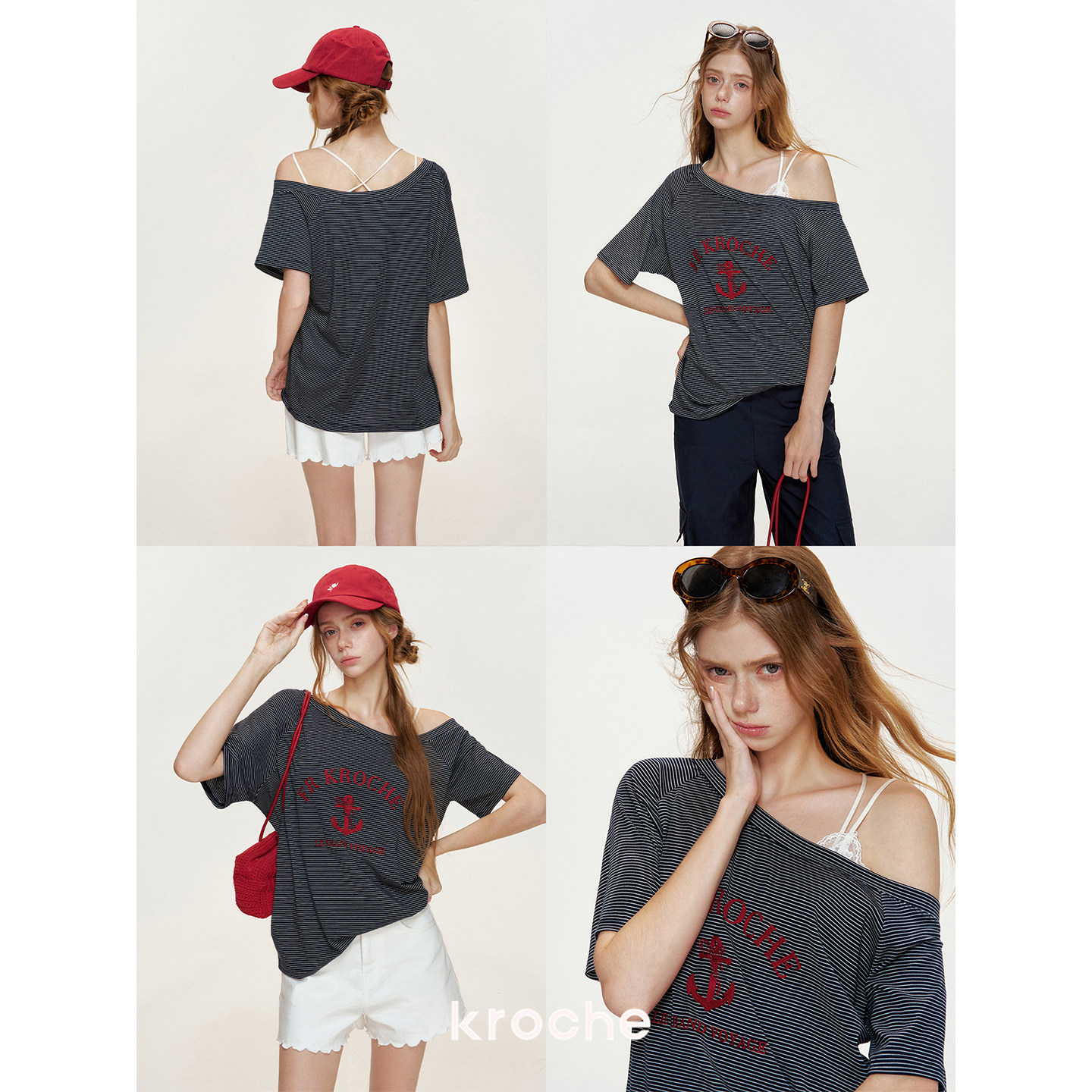 KROCHE アシンメトリー ストライプ 刺繍 配色 Tシャツ KEC9024