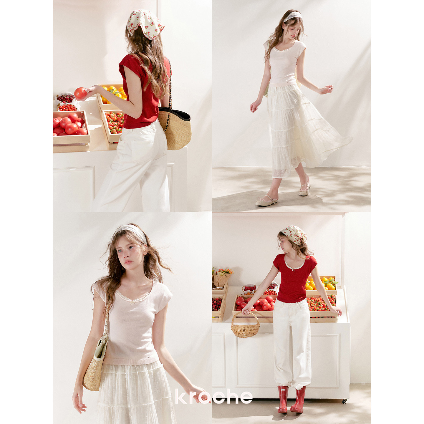 KROCHE レース スクエアネック 半袖 Tシャツ KPC8099