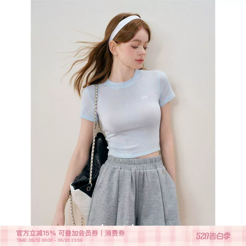 Кроше Woolen футболка с коротким рукавом, с бантом, круглый воротник, с вышивкой, slim fit