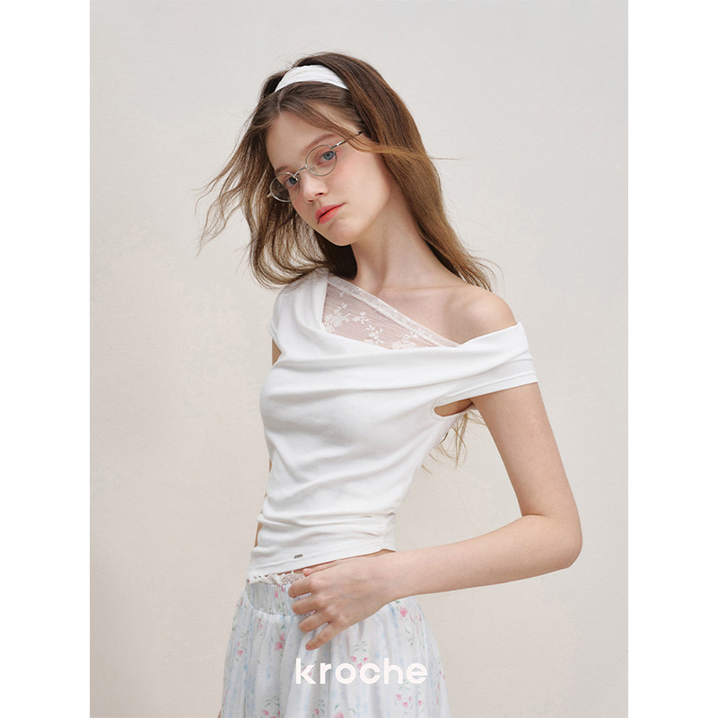 KROCHE レース アシンメトリー 半袖 Tシャツ KB5165