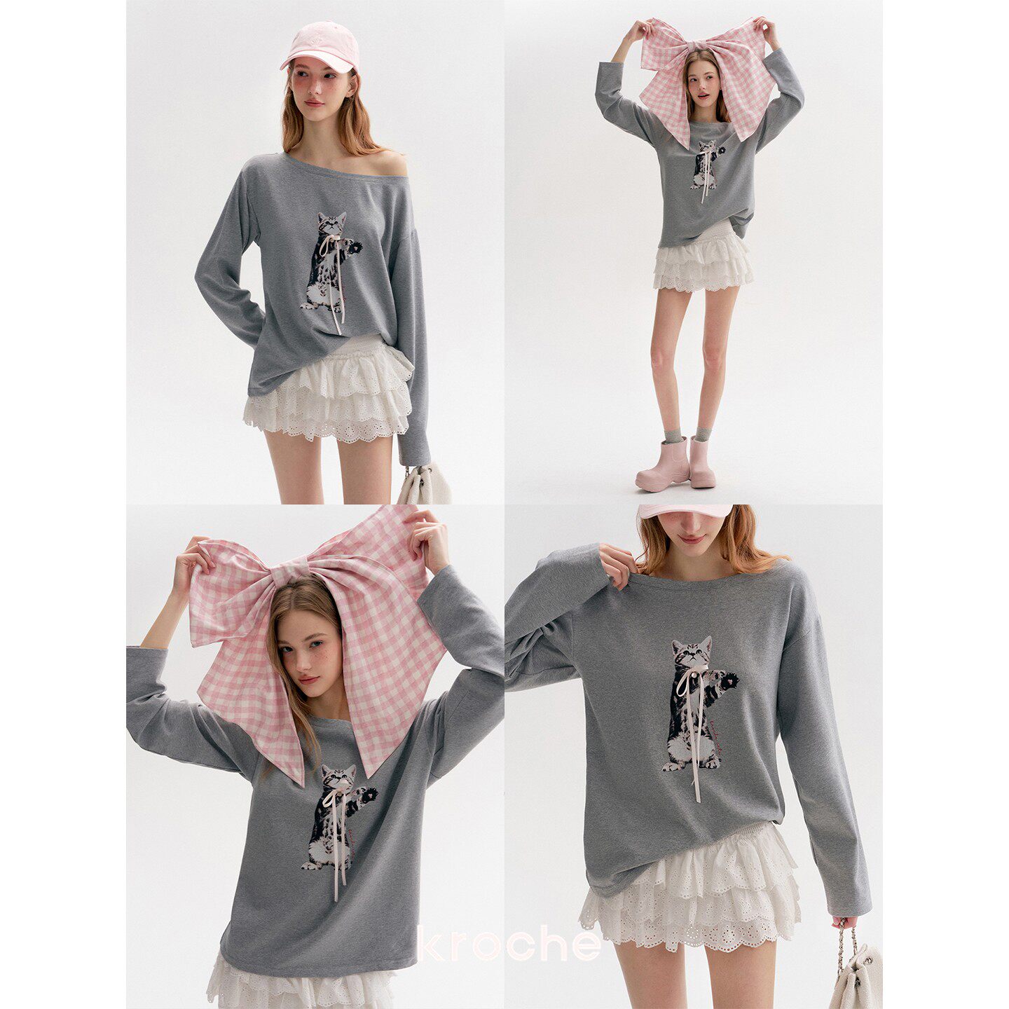 KROCHE オフショルダー アシンメトリー プリント 長袖 Tシャツ KE7029