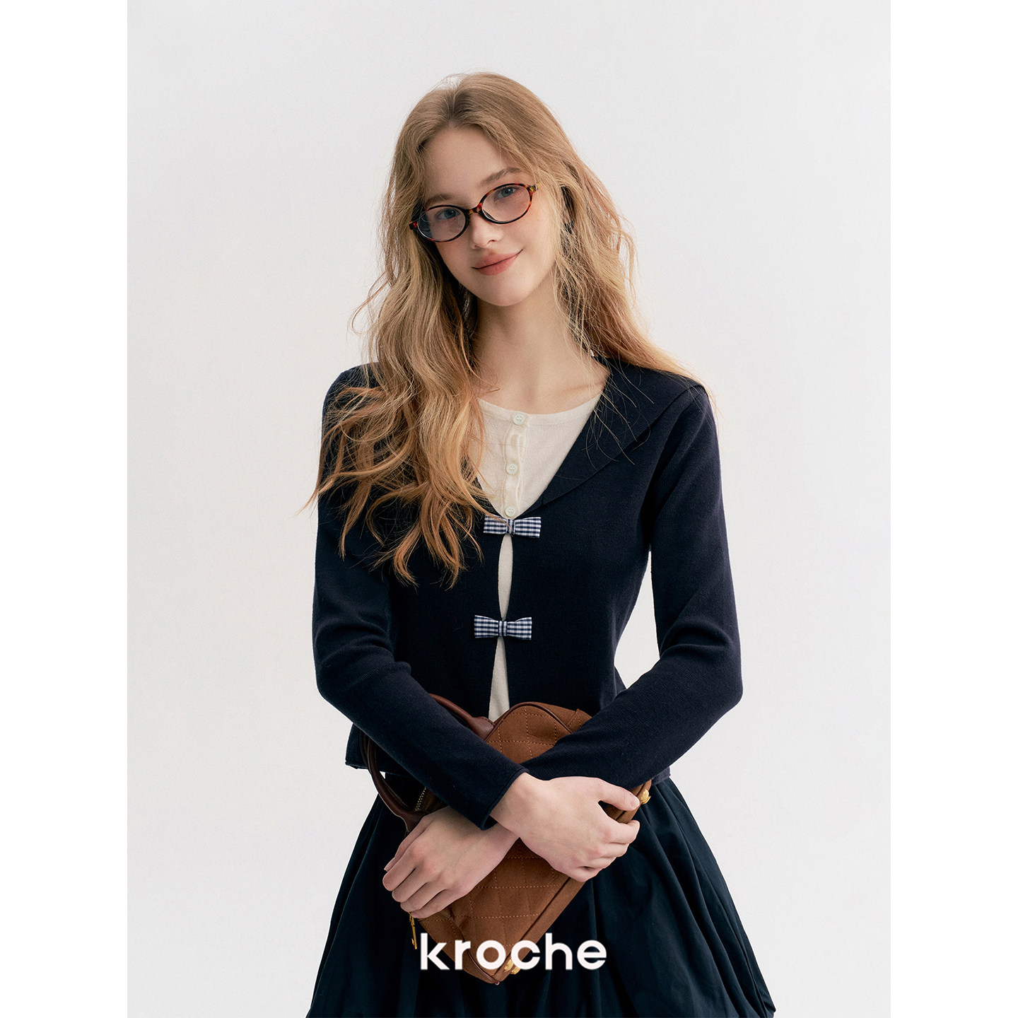 KROCHE リボン チェック 配色 重ね着風 ニット KP9010