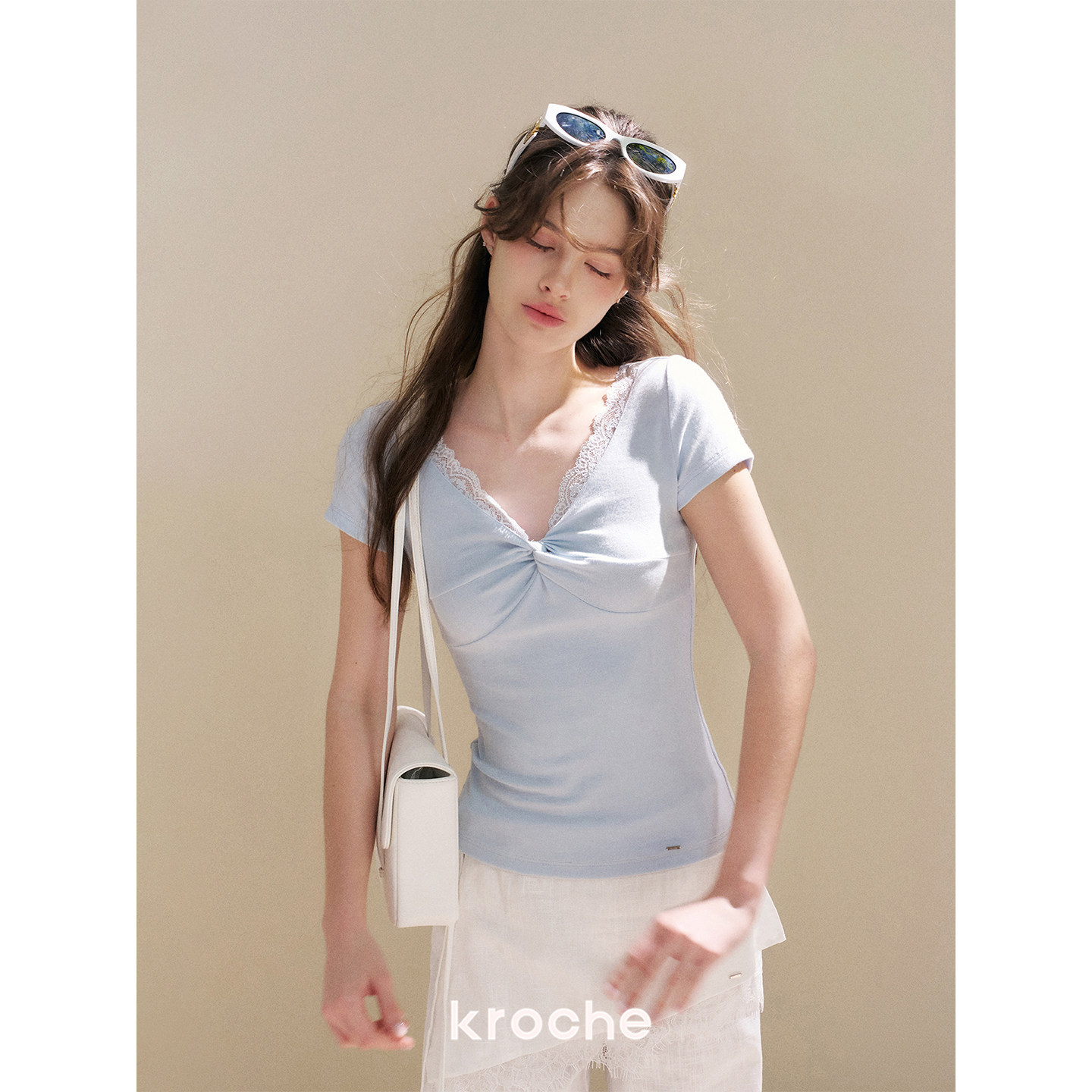 KROCHE レース Vネック 半袖 Tシャツ KEC8064