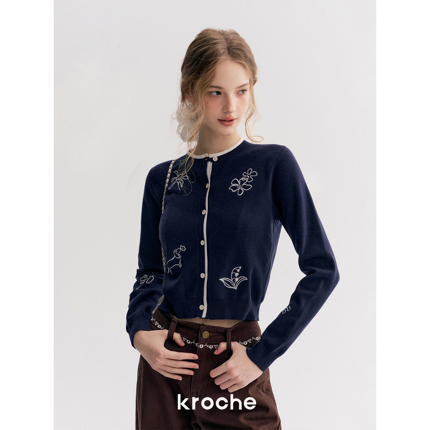 KROCHE 刺繍 配色 重ね着風 長袖 ニット KP8021