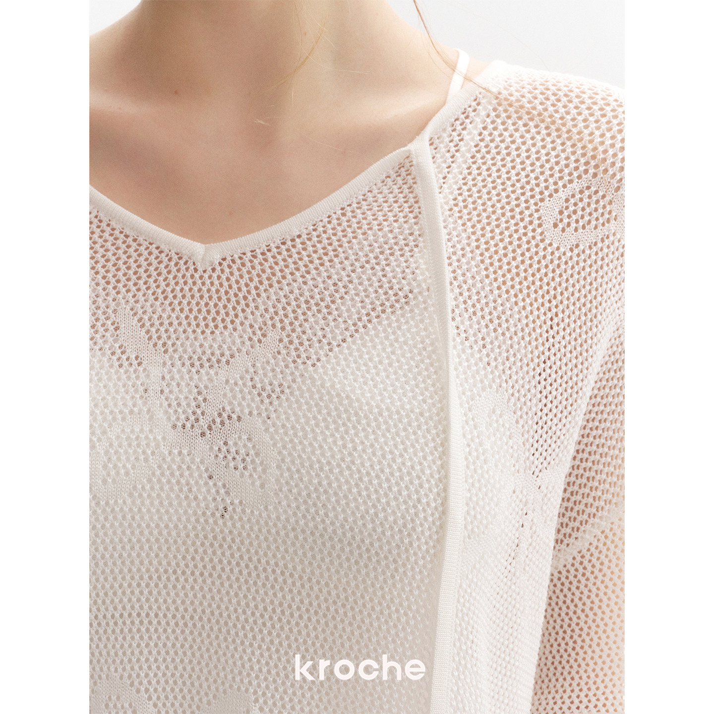 KROCHE リボン ジャカード 透かし編み 長袖 ニット KP4004
