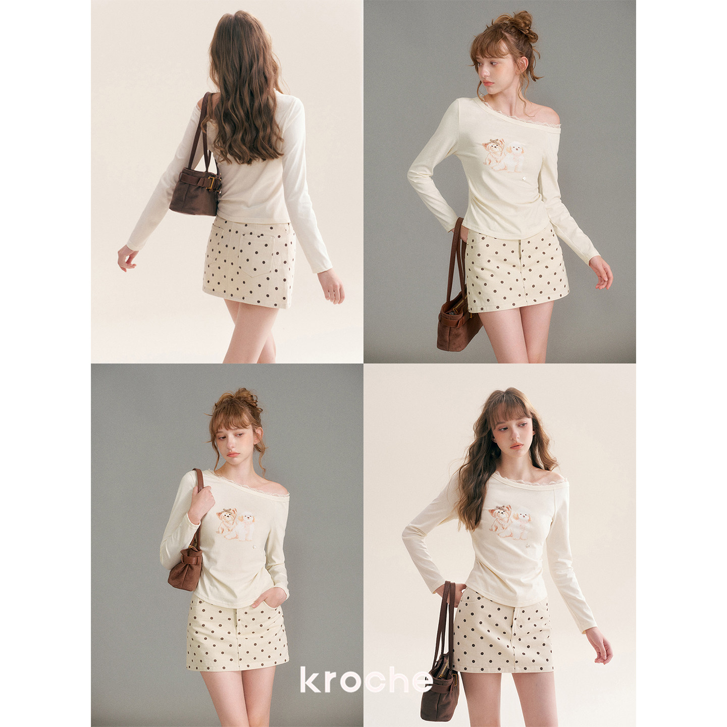 KROCHE レース アシンメトリー プリント 長袖 Tシャツ KE3095