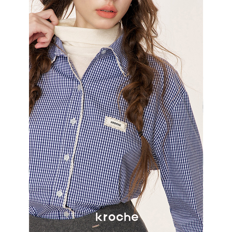 KROCHE レース チェック 長袖 シャツ・ブラウス KB4487