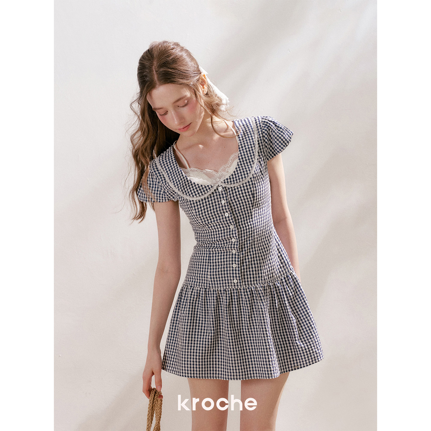 KROCHE レース チェック 半袖 ワンピース