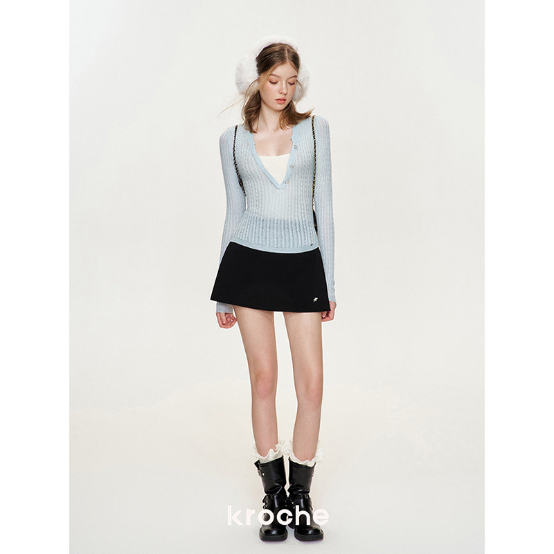 KROCHE フラワー 配色 ケーブル編み 重ね着風 ニット KB4445