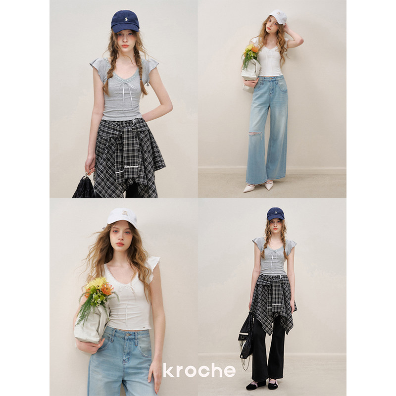 KROCHE リボン レース Vネック 半袖 Tシャツ KEC8003