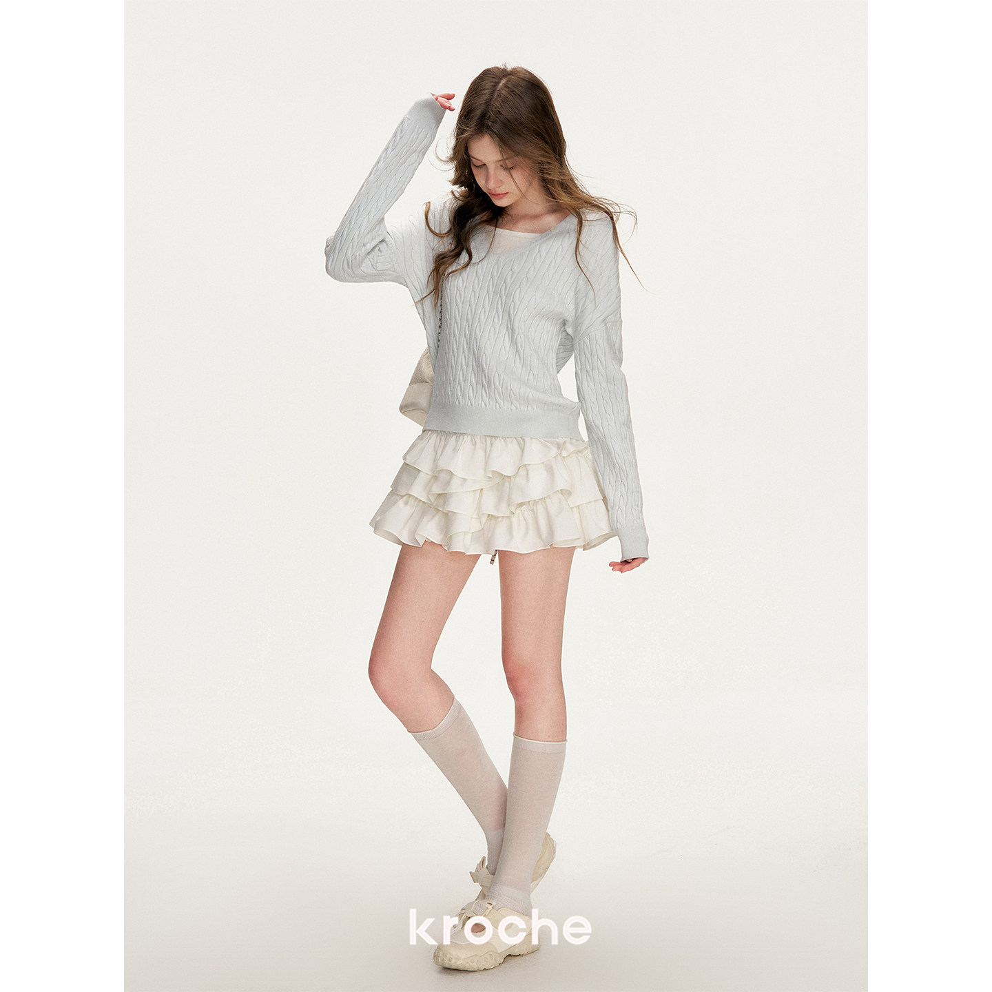 KROCHE Vネック 配色 ケーブル編み フード付き ニット KP2067