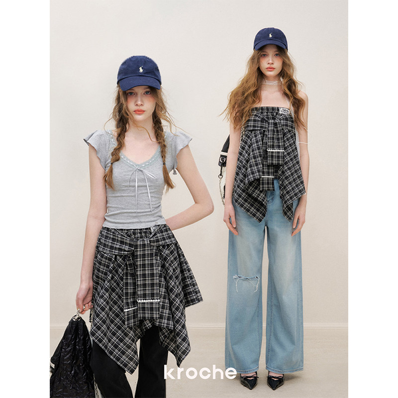 KROCHE レース チェック アシンメトリー スカート KDC9003