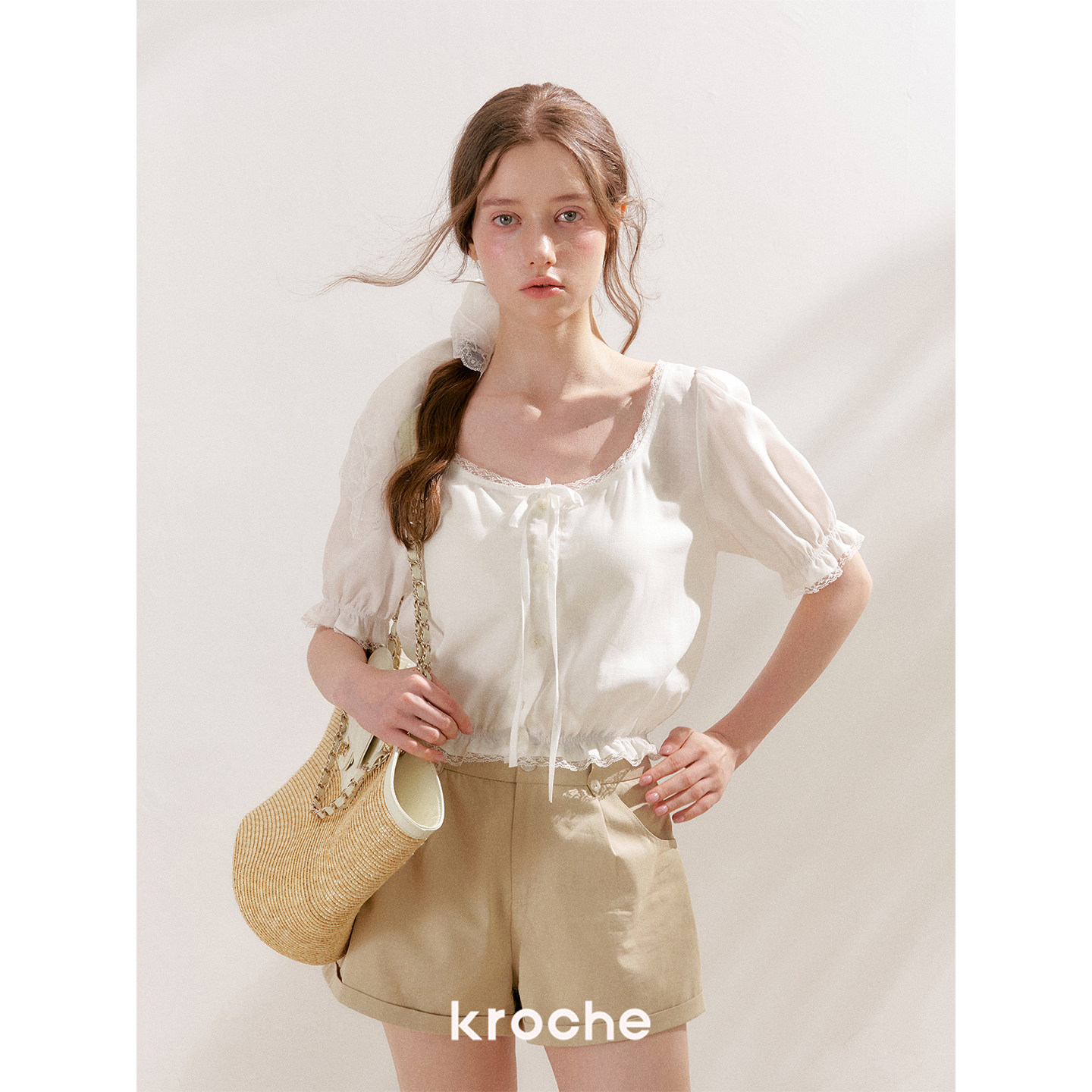 KROCHE レース パフスリーブ 半袖 シャツ・ブラウス KBS4024