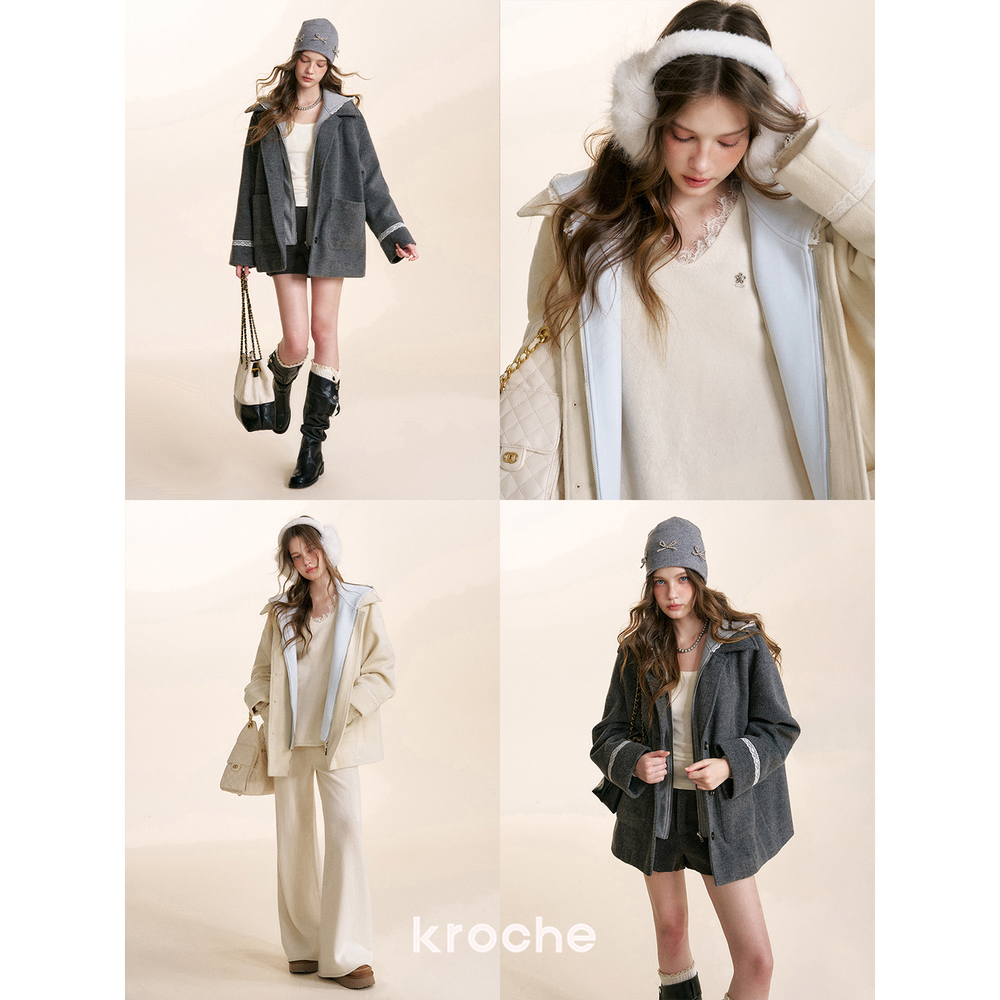 KROCHE フード付き 重ね着風 コート KXI9007