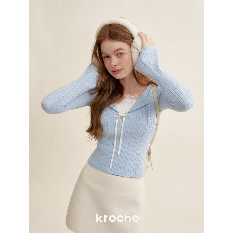KROCHE レース ケーブル編み 重ね着風 ニット KB4606