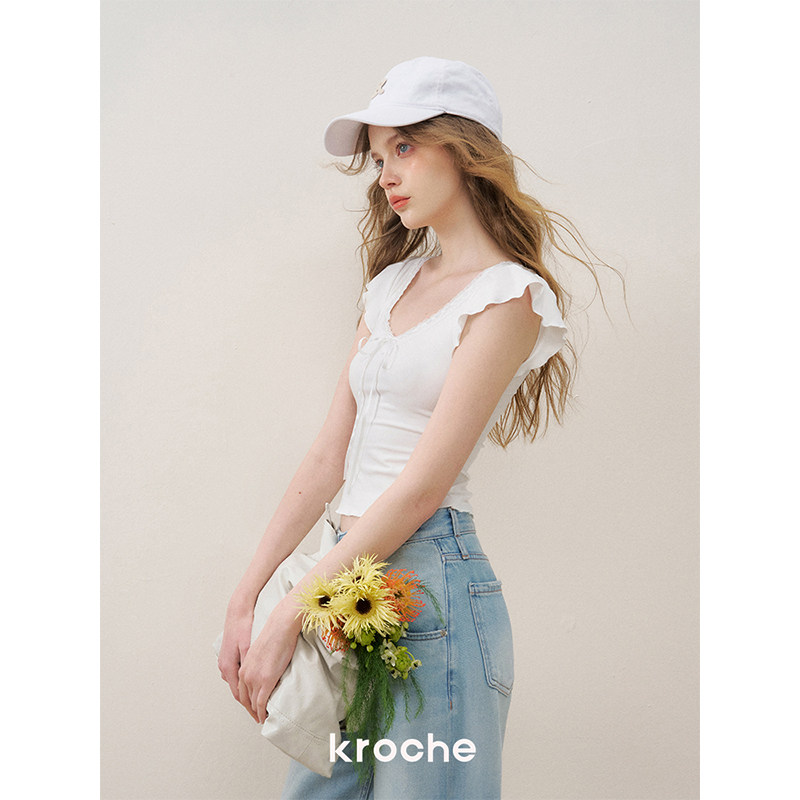 KROCHE リボン レース Vネック 半袖 Tシャツ KEC8003