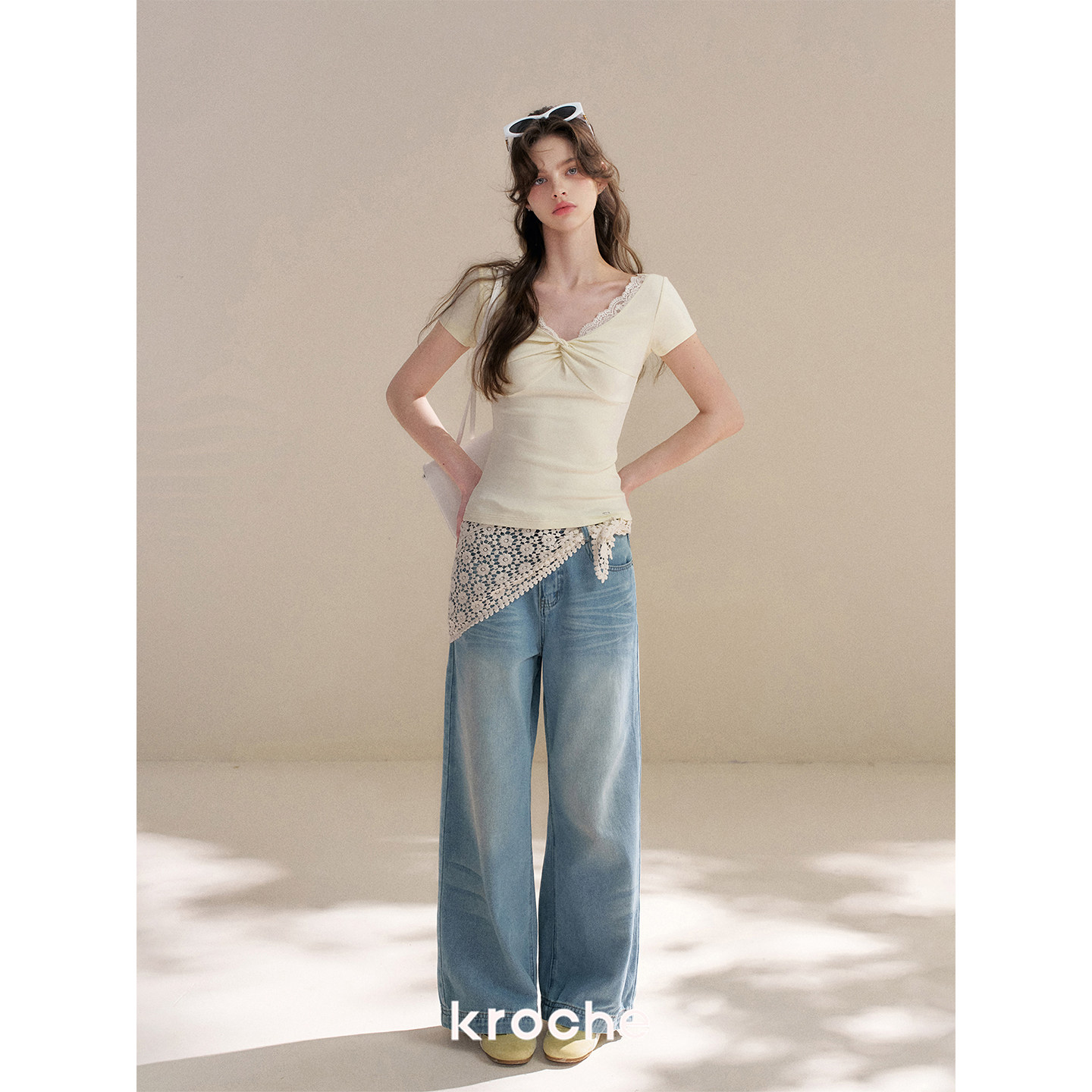 KROCHE レース デニム ハイウエスト ワイド デニムパンツ KN2035
