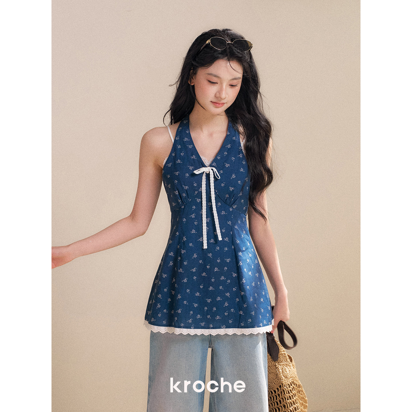 KROCHE Vネック ホルターネック フラワー キャミソール KR9075