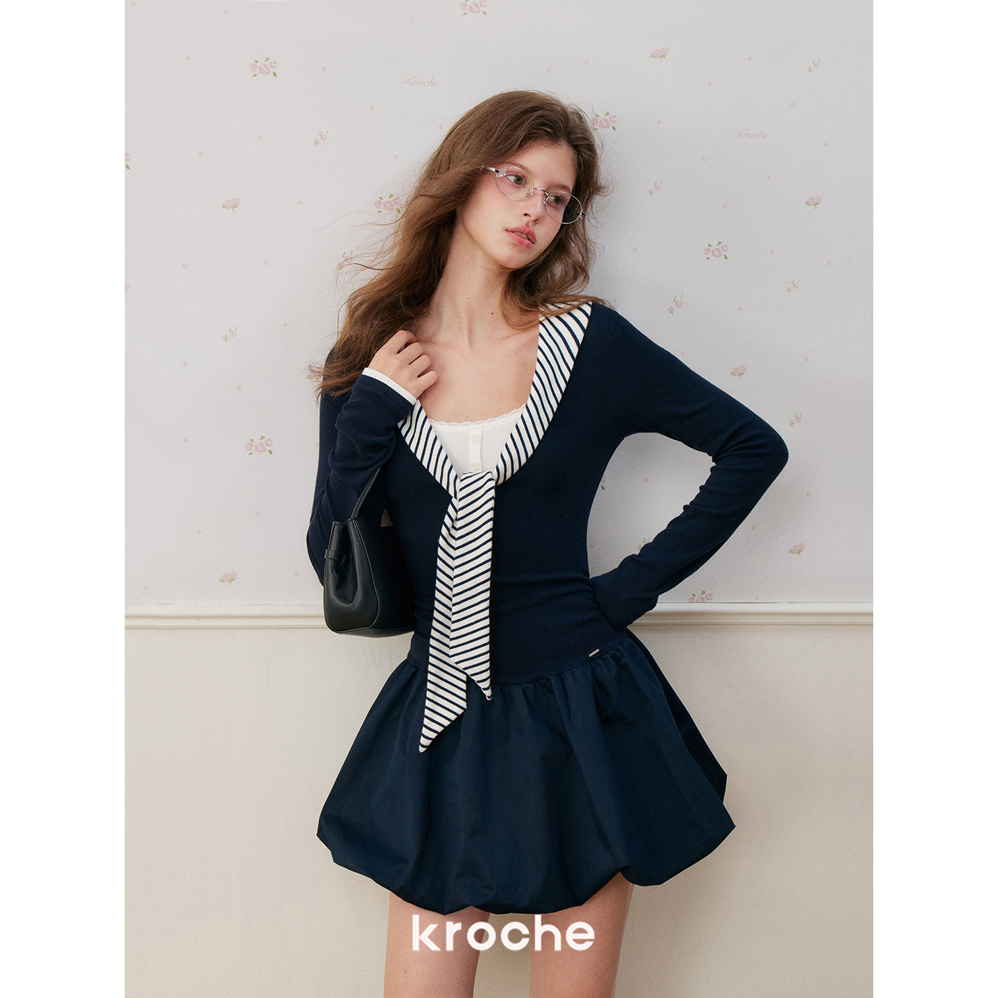 KROCHE ストライプ 配色 重ね着風 ワンピース KR3139