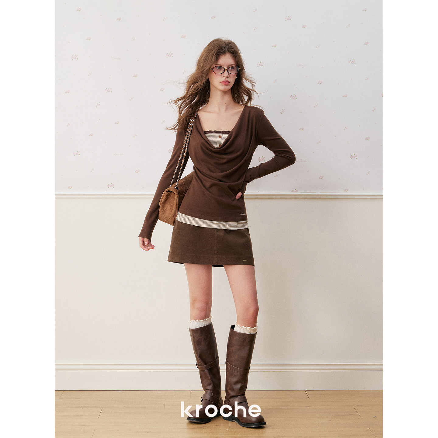 KROCHE レース ストライプ 重ね着風 長袖 Tシャツ KP3132