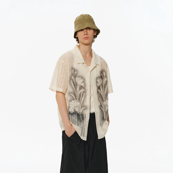 
ATRY Cuban collar shirt short-sleeved men and women summer new style old money style loose loose lace thin top