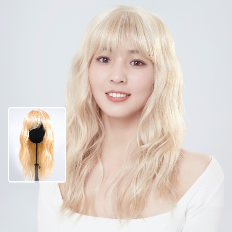 Lucy Lee Wig Barbie Blonde Full Head Wig Real Human Hair Wool Curls Medium-Length Curly Hair Wig