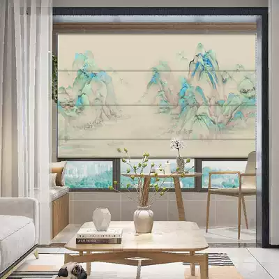 Chinese folding Roman curtain study living room national wind landscape flowers and birds full shading electric Smart roller curtain customization
