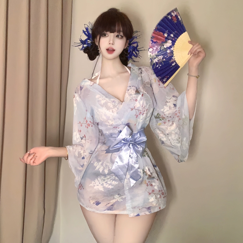 Japanese-Style Sexy V-Neck Cherry Blossom Kimono Dress Pajamas with Bowknot Girl's Yukata Uniform Short Skirt Set