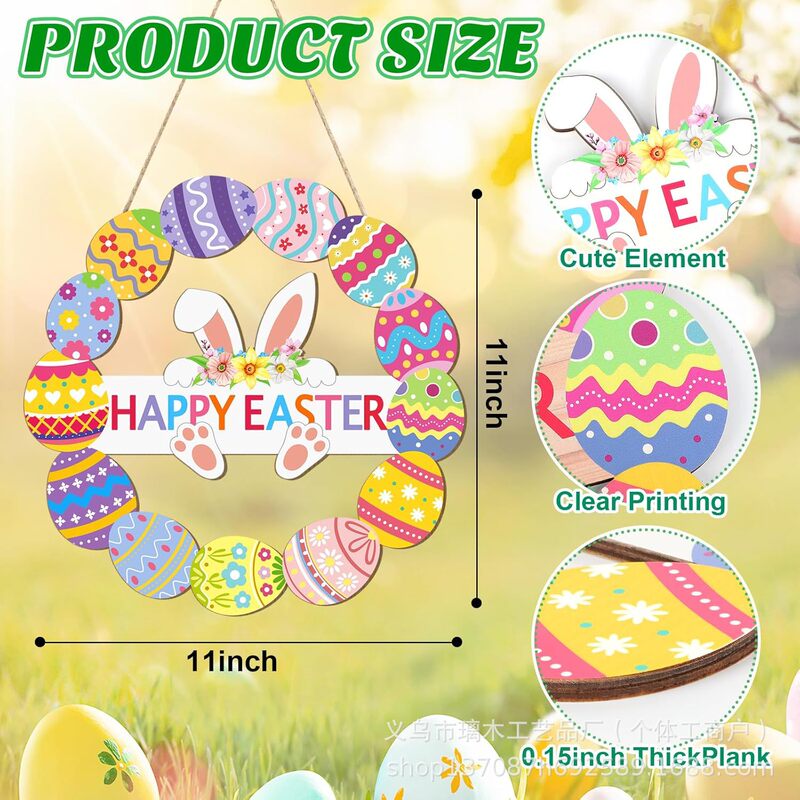 Cross-Border New Easter Decoration Door Sign, Holiday Farmhouse Front Door Porch Hanging Ornament, Wooden Easter Egg Wreath Hanging Decoration