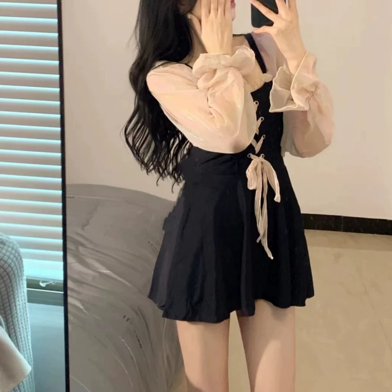 [夏蒙蒙 温泉泳衣女裙式连体保守黑色遮肚显瘦绑带虞美人ins小红书]