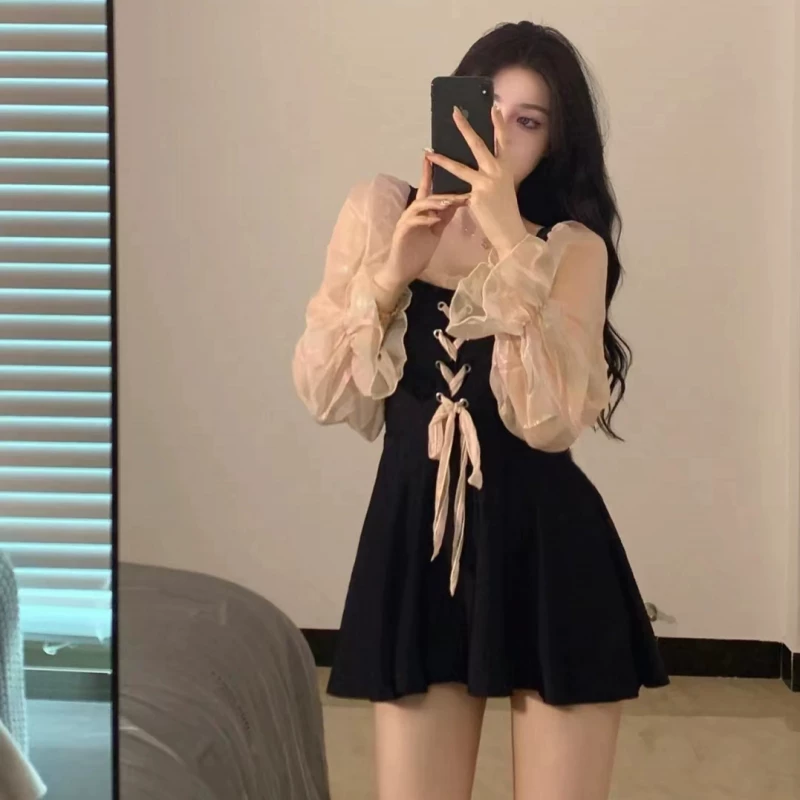 [夏蒙蒙 温泉泳衣女裙式连体保守黑色遮肚显瘦绑带虞美人ins小红书]