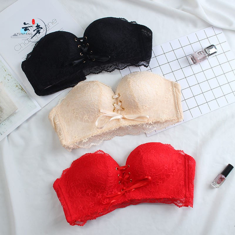 Net red model Benming year red underwear female strapless gathered non-slip upper support invisible bra paste small chest with wrapped chest