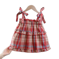 Girls plaid sling summer 2024 new fashion style medium and large childrens sleeveless outer tops childrens vest doll shirts