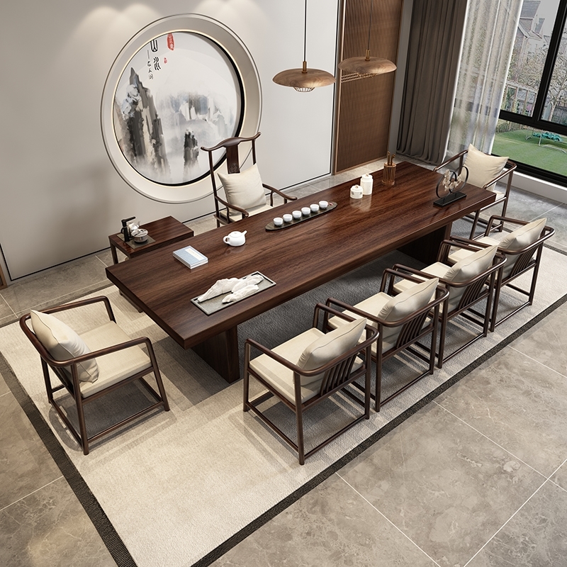 Log tea table and chairs Composition New Chinese solid wood large plate tea table office Brief atmosphere Zen Serve Gongfu Tea Desk 