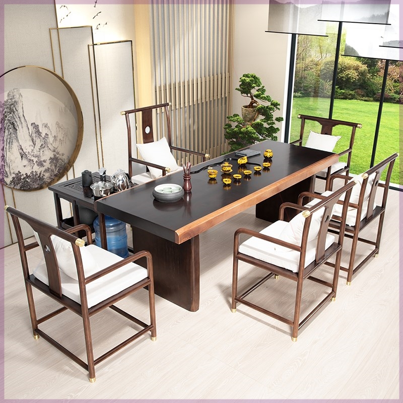 New Chinese solid wood tea table and chairs Combined modern simplicity Zen Imagery Tea Table Log Office Kung Fu Bubble Tea Table