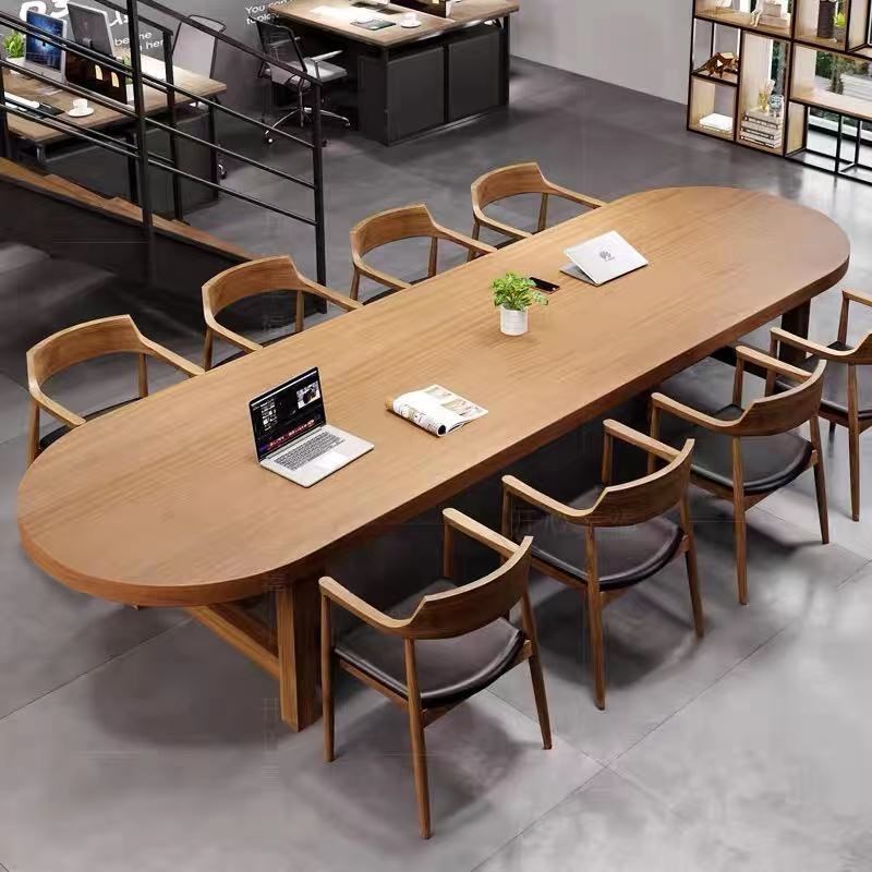 New Nordic oval solid wood large board meeting table strip table large table log long table office dining table and chairs combination