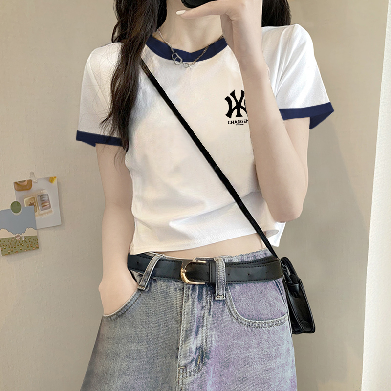 Navel-Baring ins Short-Sleeved T-Shirt for Women, Small Version with Patchwork, European and American Style, New Summer High-Waisted, Short, Sweet and Spicy Unique Top